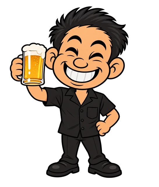 ビールで乾杯する、短髪で黒いシャツのキャラクター