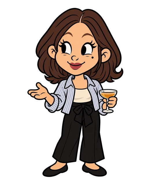 カクテルを手に話す、頬にほくろがあるストライプシャツの女性キャラクター