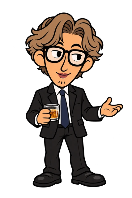 グラスを手に会話する、茶髪と黒縁眼鏡のスーツ姿のキャラクター